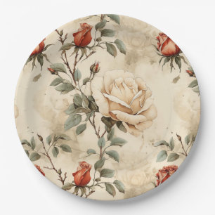 Assiettes En Carton Élégant motif floral rose vintage beige
