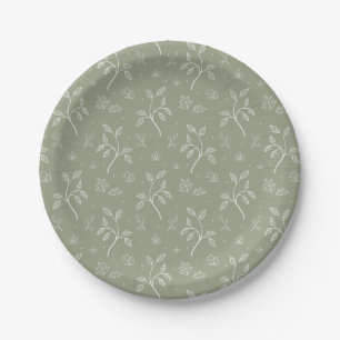 Assiettes En Carton Élégant motif végétal botanique en vert olive