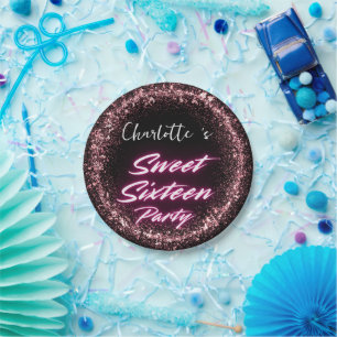 Assiettes En Carton Elégant néon rose noir rétro Sweet 16e anniversair