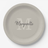 Assiettes En Carton Élégant Neutre Nom et Monogramme initial  (Devant)