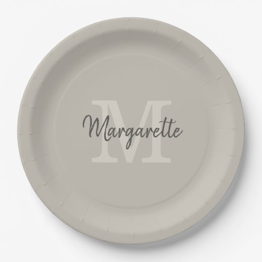 Assiettes En Carton Élégant Neutre Nom et Monogramme initial  (Devant)
