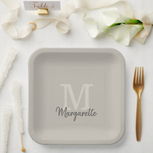 Assiettes En Carton Élégant Neutre Nom et Monogramme initial