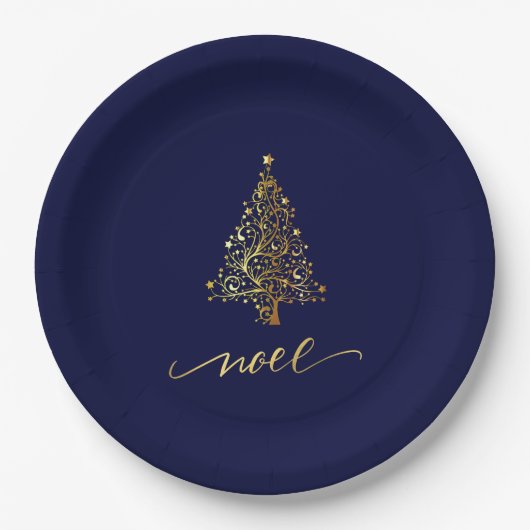 Assiettes En Carton Elégant Noel d'arbre de Noël bleu et or noir marin (Devant)