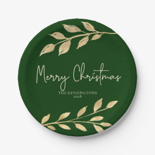 Assiettes En Carton Élégant Noël Gold Feuilles Forêt verte