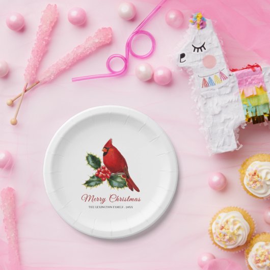 Assiettes En Carton Élégant Noël Rouge Cardinal Oiseau Holly (Fête)