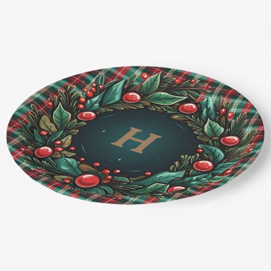 Assiettes En Carton Élégant Noël rouge et vert plaid (Angle)