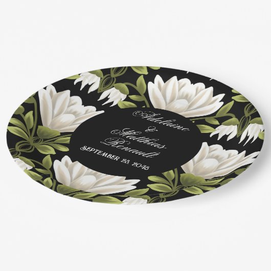 Assiettes En Carton Elégant noir & blanc Mariage floral : Calligraphie (Angle)