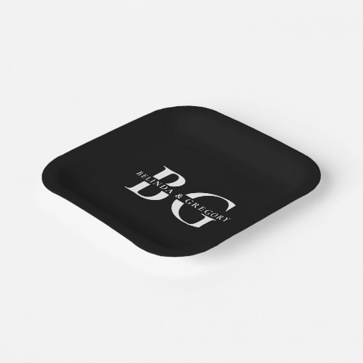 Assiettes En Carton Élégant Noir et Blanc Monogramme Initiales Mariage (Angulaire)