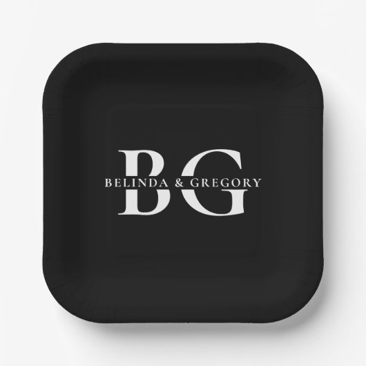 Assiettes En Carton Élégant Noir et Blanc Monogramme Initiales Mariage (Recto)