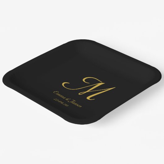 Assiettes En Carton Élégant Noir Monogramme Mariage N'importe quelle p (Angulaire)