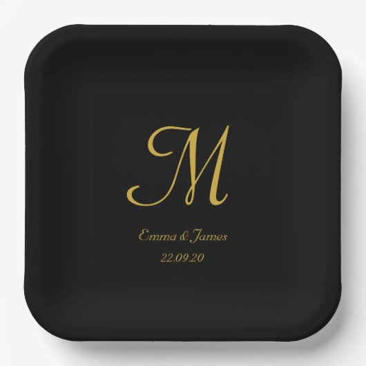 Assiettes En Carton Élégant Noir Monogramme Mariage N'importe quelle p (Recto)