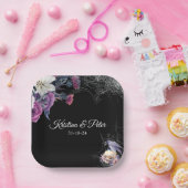 Assiettes En Carton Élégant noir violet gothique Mariage crâne floral (Fête)