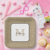 Assiettes En Carton Élégant Nom Monogramme Chic Farmhouse Style Burlap (Fête)