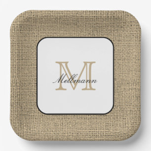 Assiettes En Carton Élégant Nom Monogramme Chic Farmhouse Style Burlap