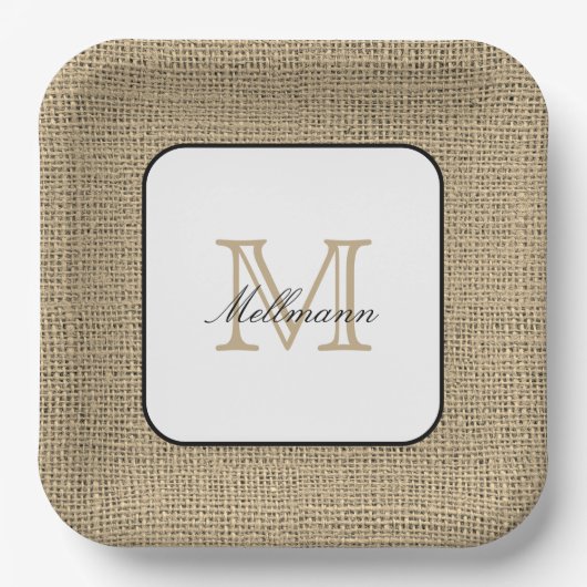 Assiettes En Carton Élégant Nom Monogramme Chic Farmhouse Style Burlap (Recto)
