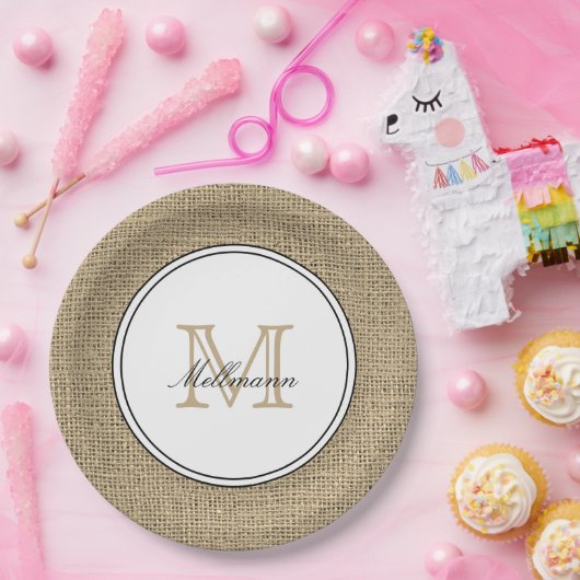 Assiettes En Carton Élégant Nom Monogramme Pays Style Chic Burlap (Fête)