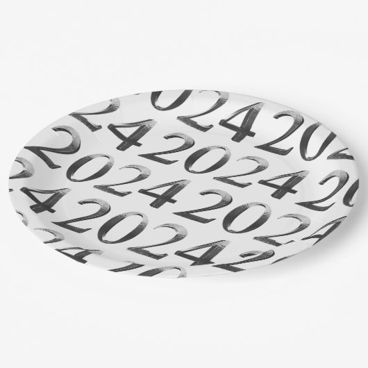 Assiettes En Carton Élégant nombre de gris argenté Bonne année 2024 (Angle)
