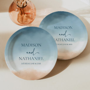Assiettes En Carton Élégant Océan Bleu Plage Rivage Sable Mariage