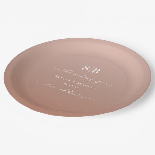 Assiettes En Carton Élégant Ombre Clay et Mariage monogramme rose (Angle)