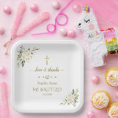 Assiettes En Carton Elégant or Aquarelle Fleurs blanches Baptême (Fête)