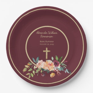Assiettes En Carton Elégant or Bourgogne Floral Baby Christening