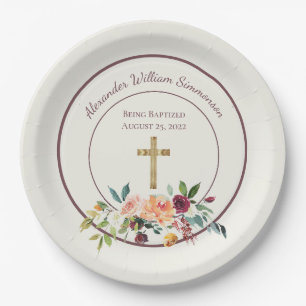 Assiettes En Carton Elégant or Bourgogne Floral Baby Christening