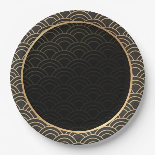 Assiettes En Carton Elégant or et motif noir (Devant)