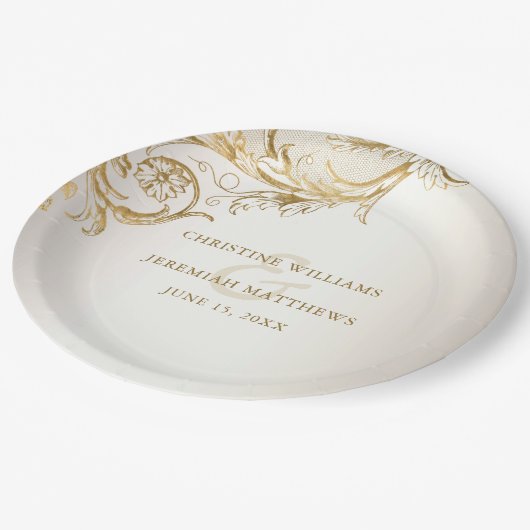 Assiettes En Carton Elégant or Floral Damask Shiny Champagne Mariage (Angle)