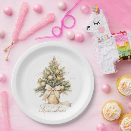 Assiettes En Carton Elégant or Joyeux arbre de Noël Aquarelle (Fête)
