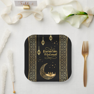 Assiettes En Carton Elégant or Motifs islamiques Ramadan Moubarak
