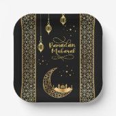 Assiettes En Carton Elégant or Motifs islamiques Ramadan Moubarak (Recto)