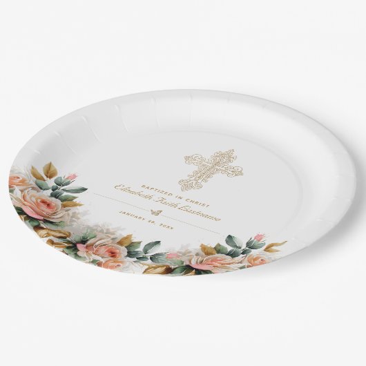 Assiettes En Carton Élégant or Ornate Cross Floral Baptism (Angle)