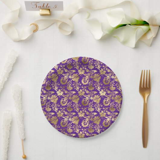 Assiettes En Carton Élégant or violet floral (Mariage)