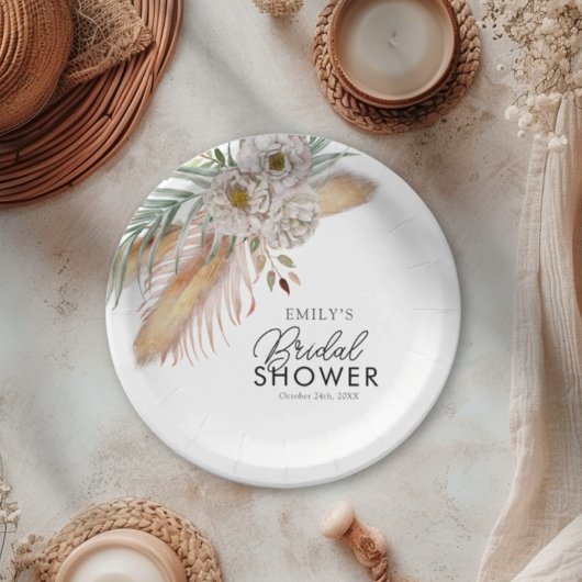 Assiettes En Carton Élégant Pampas et palmiers aquarelle Baby Shower d