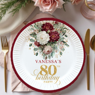 Assiettes En Carton Élégant Papier Floral Boho Marsala pour 80e Annive
