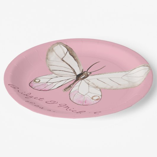 Assiettes En Carton Élégant Papillon rose Mariage personnalisé (Angle)