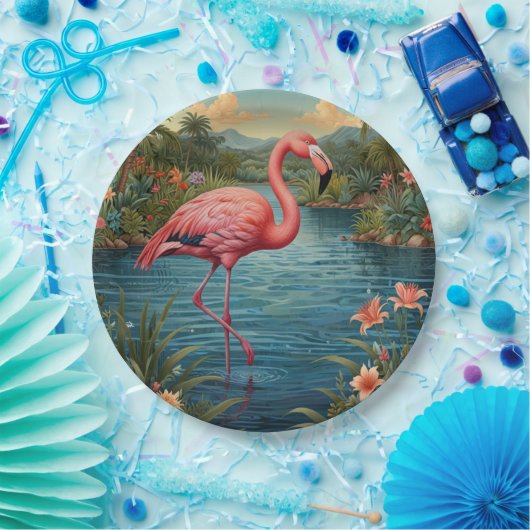 Assiettes En Carton Élégant paradis tropical flamand rose (Fête)