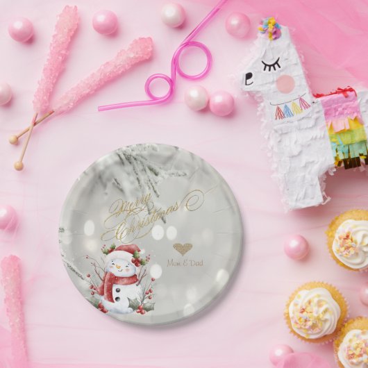 Assiettes En Carton Élégant Parties scintillant or Coeur Snowman (Fête)