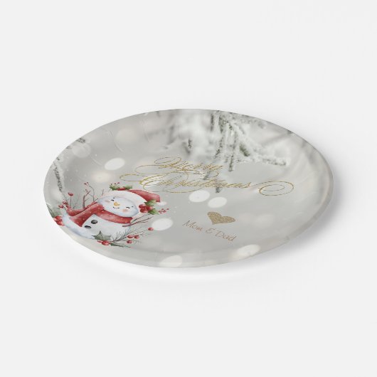 Assiettes En Carton Élégant Parties scintillant or Coeur Snowman (Angle)