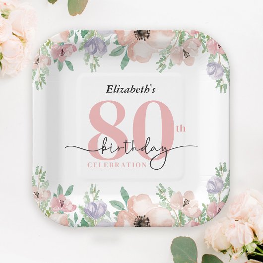 Assiettes En Carton Elegant Pastel Floral 80th Birthday Party