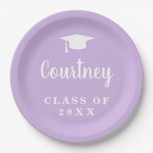 Assiettes En Carton Élégant Pastel Purple Nom de script Graduation Cap