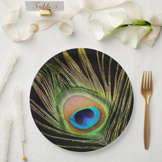 Assiettes En Carton Elégant Peacock Feather Noir (Mariage)