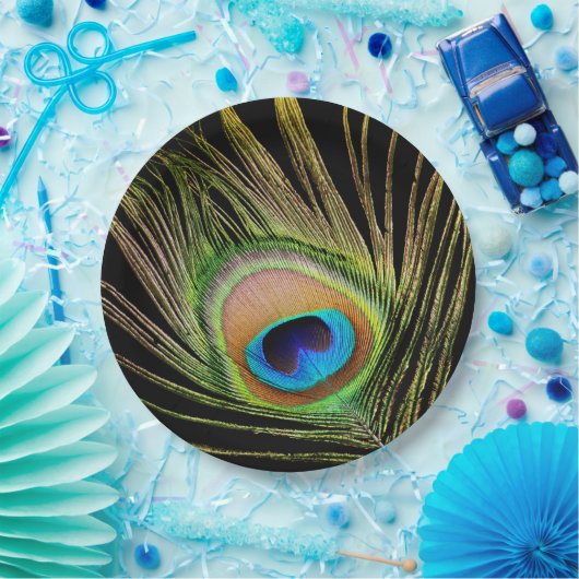 Assiettes En Carton Elégant Peacock Feather Noir (Fête)