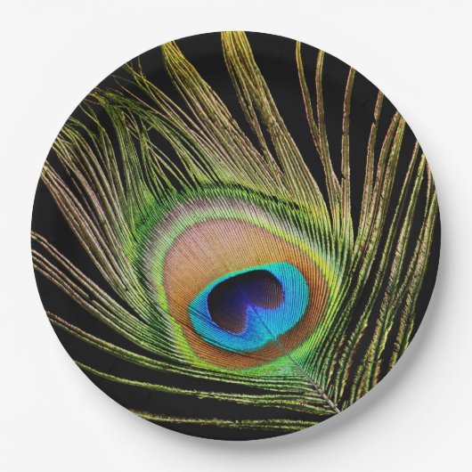 Assiettes En Carton Elégant Peacock Feather Noir (Devant)