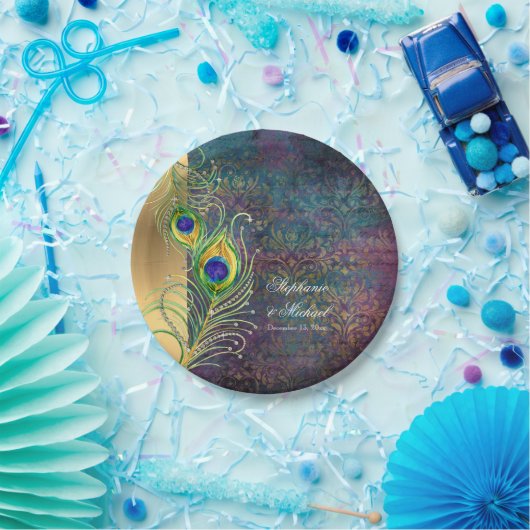 Assiettes En Carton Elégant Peacock Feathers Bijoux Scrollwork Mariage (Fête)