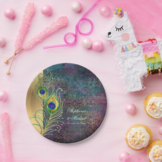 Assiettes En Carton Elégant Peacock Feathers Bijoux Scrollwork Mariage (Fête)