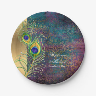 Assiettes En Carton Elégant Peacock Feathers Bijoux Scrollwork Mariage
