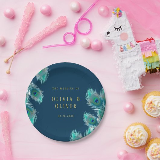 Assiettes En Carton Elégant Peacock Feathers et Mariage Or (Fête)