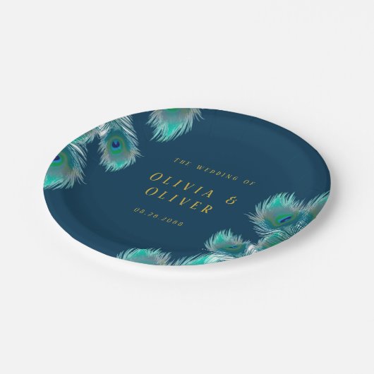 Assiettes En Carton Elégant Peacock Feathers et Mariage Or (Angle)