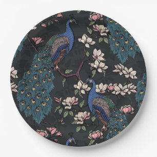 Assiettes En Carton Elégant Peacocks & Fleurs Magnolia Noir